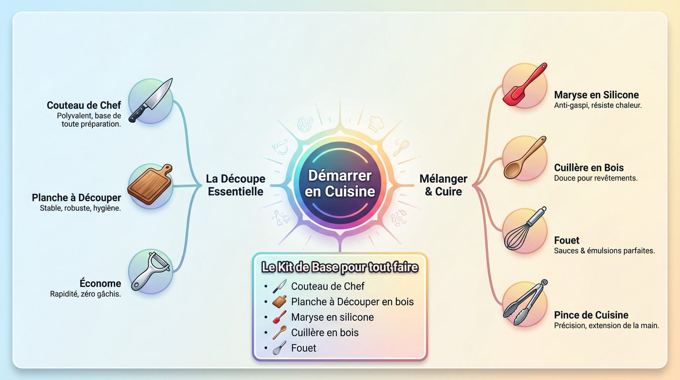 Sélection d'ustensiles de cuisine essentiels : couteau de chef, planche en bois et spatules
