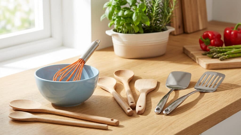 Kitchen counter with wooden spoons, steel spatulas, orange whisk in blue bowl, and blurred fresh herbs/vegetables.