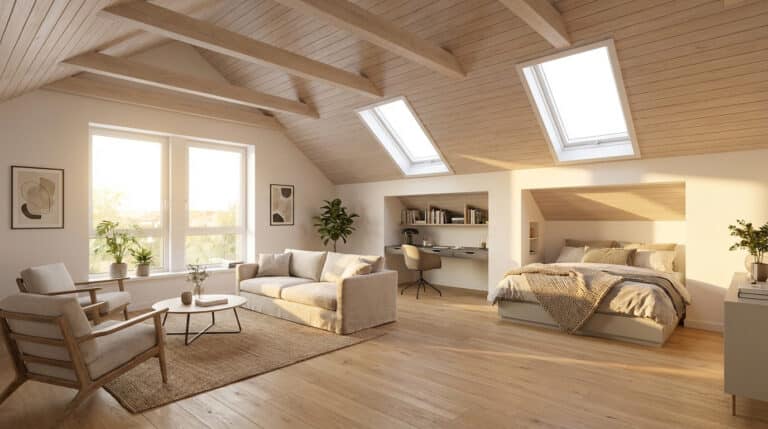 Grenier aménagé moderne et lumineux. Salon, bureau, et chambre sous les combles avec plafond en bois, poutres et velux.