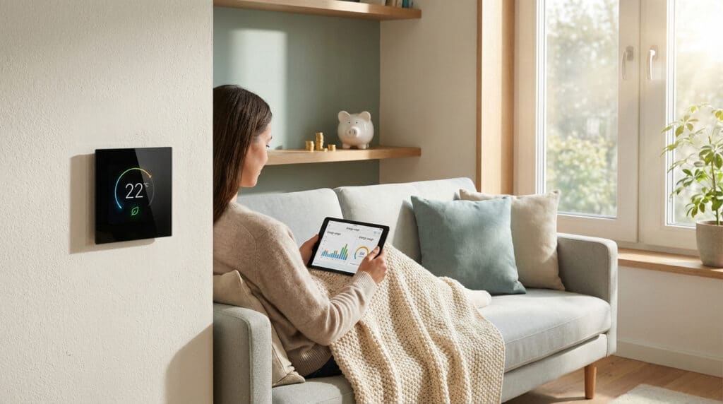 Femme gérant l'énergie de sa maison connectée depuis une tablette, avec un thermostat mural affichant 22°C dans un salon moderne et lumineux.