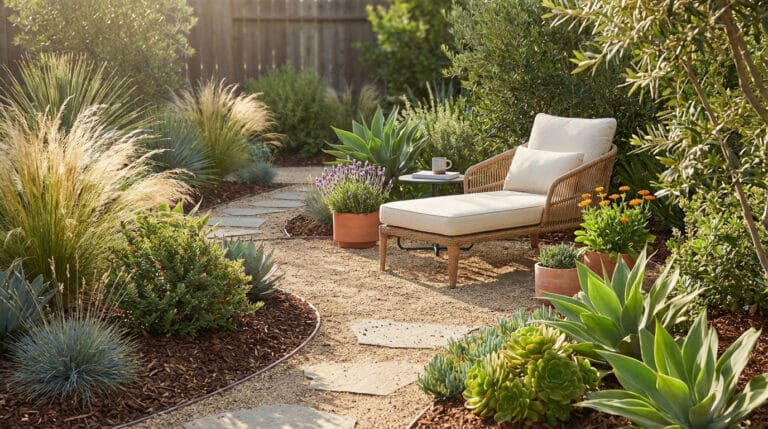 Jardin paysager avec plantes grasses et graminées, un chemin de gravier et une chaise longue en rotin.