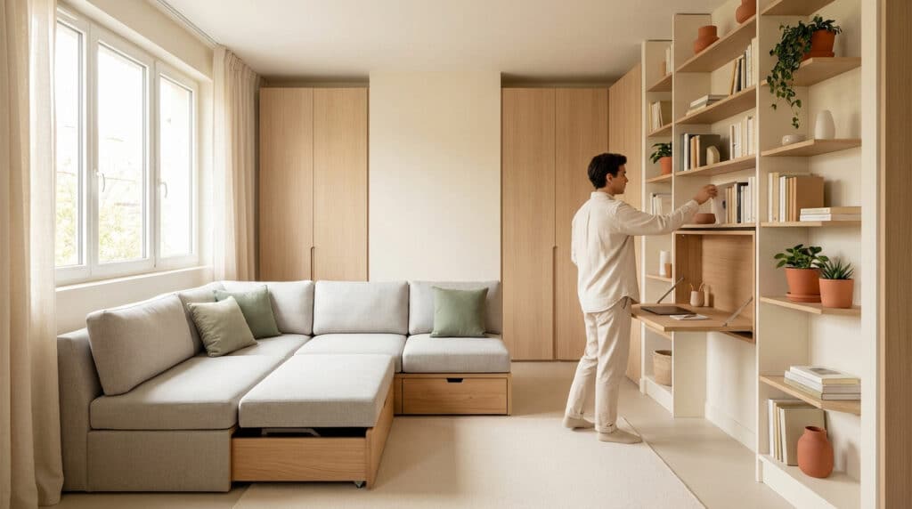 Vue d'un salon lumineux intégrant un canapé L avec rangements, un bureau mural dépliable et des étagères. Un homme ajuste un livre.