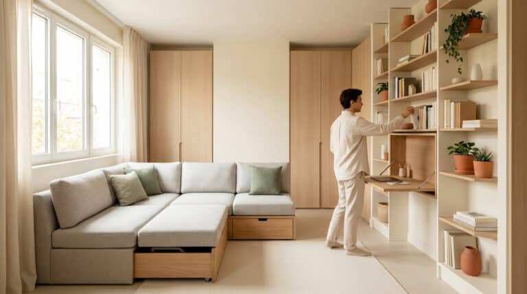 Vue d'un salon lumineux intégrant un canapé L avec rangements, un bureau mural dépliable et des étagères. Un homme ajuste un livre.