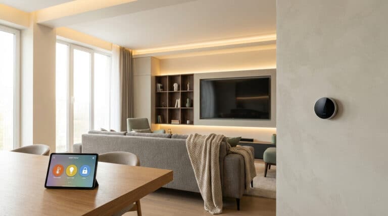 Salon moderne avec grande fenêtre, canapé, télévision murale. Une tablette et un thermostat affichent des contrôles connectés.