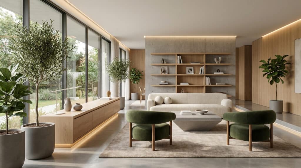 Vue d'un salon moderne lumineux avec grandes baies vitrées, canapé bouclé, fauteuils verts, murs bois/béton et plantes.