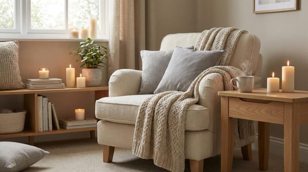 Un fauteuil confortable en tissu crème avec un plaid en laine, entouré de bougies allumées et de plantes dans un salon.
