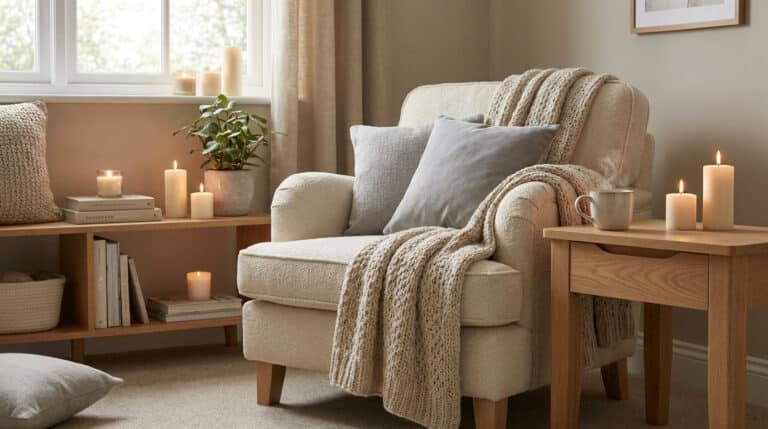 Un fauteuil confortable en tissu crème avec un plaid en laine, entouré de bougies allumées et de plantes dans un salon.