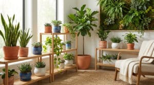 Un salon lumineux rempli de plantes en pot sur des étagères en bois, avec un mur végétal et un fauteuil confortable.