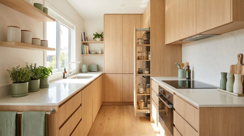 Cuisine moderne en bois clair avec un placard coulissant et des étagères optimisant l'espace dans une petite pièce.