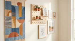 Panneau perforé en bois, tenture tissée et cadres décorant un mur clair sans aucun trou.