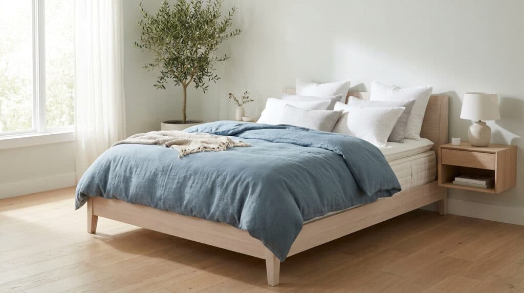 Chambre lumineuse avec un lit en bois, une housse de couette bleue et un olivier en pot près d'une fenêtre.