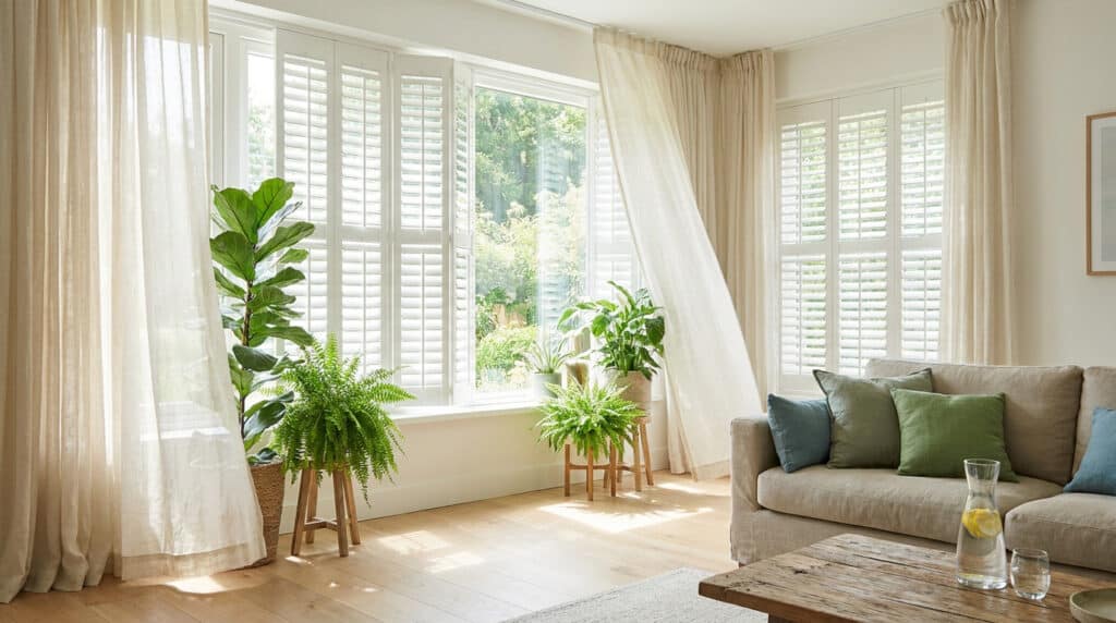 Salon lumineux avec volets blancs fermés, rideaux légers et plantes vertes pour créer une atmosphère fraîche.