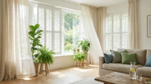 Salon lumineux avec volets blancs fermés, rideaux légers et plantes vertes pour créer une atmosphère fraîche.