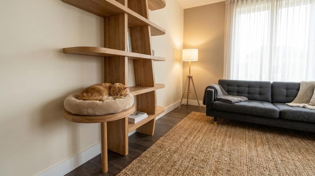 Un chat roux dort paisiblement dans un panier en peluche posé sur une étagère en bois design dans un salon moderne.