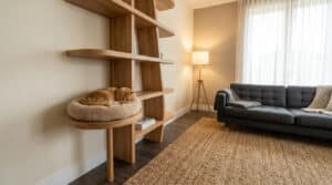 Un chat roux dort paisiblement dans un panier en peluche posé sur une étagère en bois design dans un salon moderne.