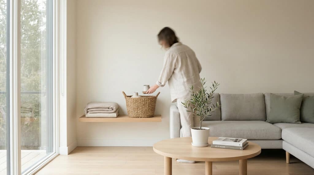 Une personne range un intérieur minimaliste aux tons neutres, avec un canapé gris et une étagère en bois.
