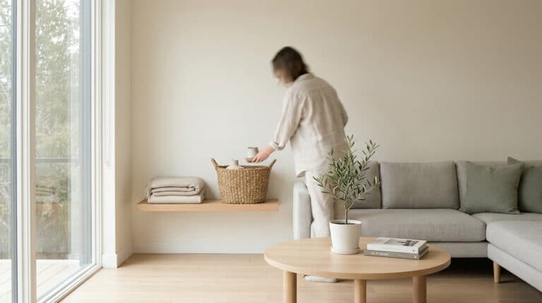 Une personne range un intérieur minimaliste aux tons neutres, avec un canapé gris et une étagère en bois.
