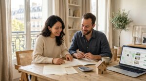 Couple calculant sa capacité d'emprunt immobilier à la maison