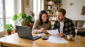Couple préparant son dossier de prêt immobilier avec calculatrice et relevés bancaires sur la table du salon