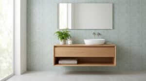 modern bathroom with calming green wallpaper and vanity