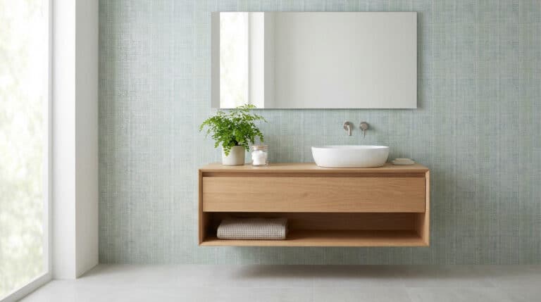 modern bathroom with calming green wallpaper and vanity
