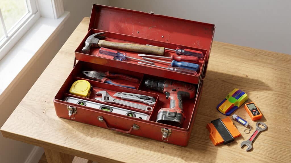 organized red toolbox with essential diy tools on workbench