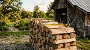 Pile de bois de chauffage fraichement livree avec un metre ruban pour verifier le volume