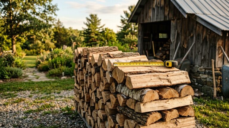 Pile de bois de chauffage fraichement livree avec un metre ruban pour verifier le volume