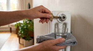 Main tournant une clé de purge sur un radiateur à eau, un verre et un chiffon placés sous la vis