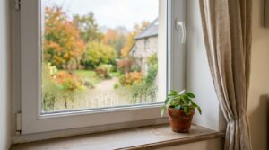 Buée et gouttes de condensation sur la face intérieure d'une fenêtre en double vitrage, jardin d'automne en arrière-plan