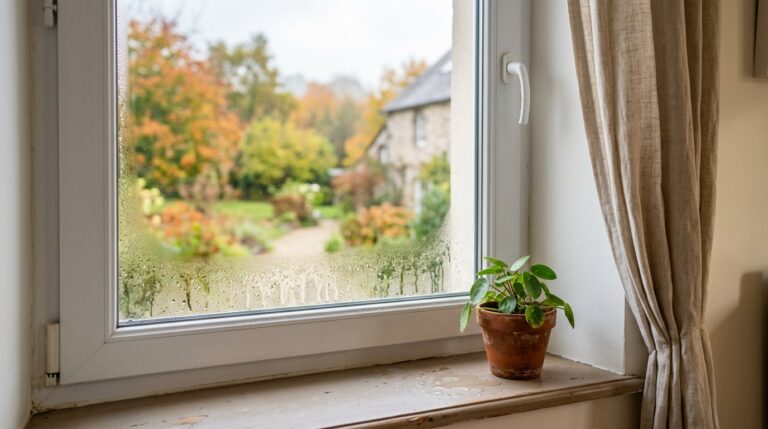Buée et gouttes de condensation sur la face intérieure d'une fenêtre en double vitrage, jardin d'automne en arrière-plan