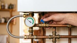 Main qui ouvre le robinet de remplissage sous une chaudière, à côté du manomètre de pression du circuit de chauffage